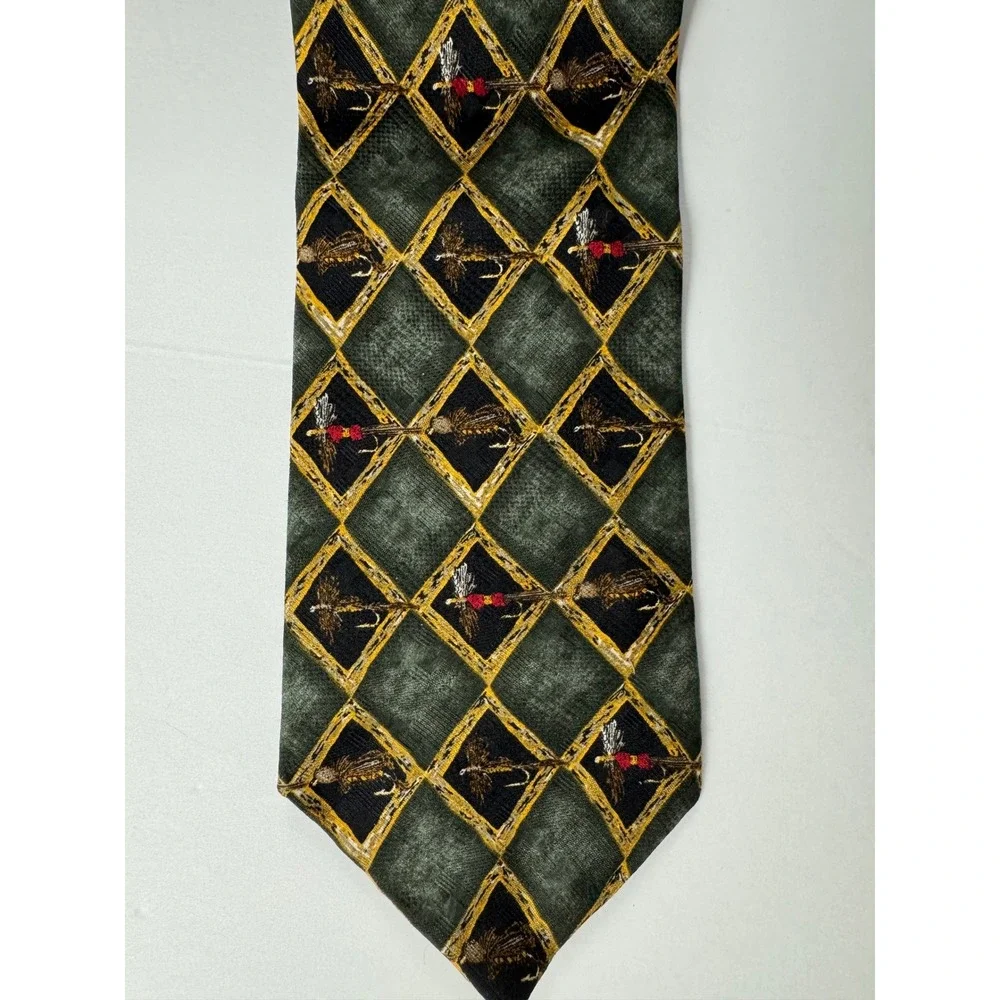 JZ Richards Mens Silk‎ Tie Green Black Diamond Fly Fishing Hand Crafted USA